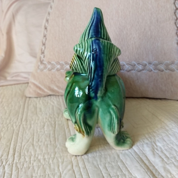 Vintage Majolica Chinese Porcelain Green, Blue & Tan Foo Dog Shishi Lion Statue - Picture 7 of 12